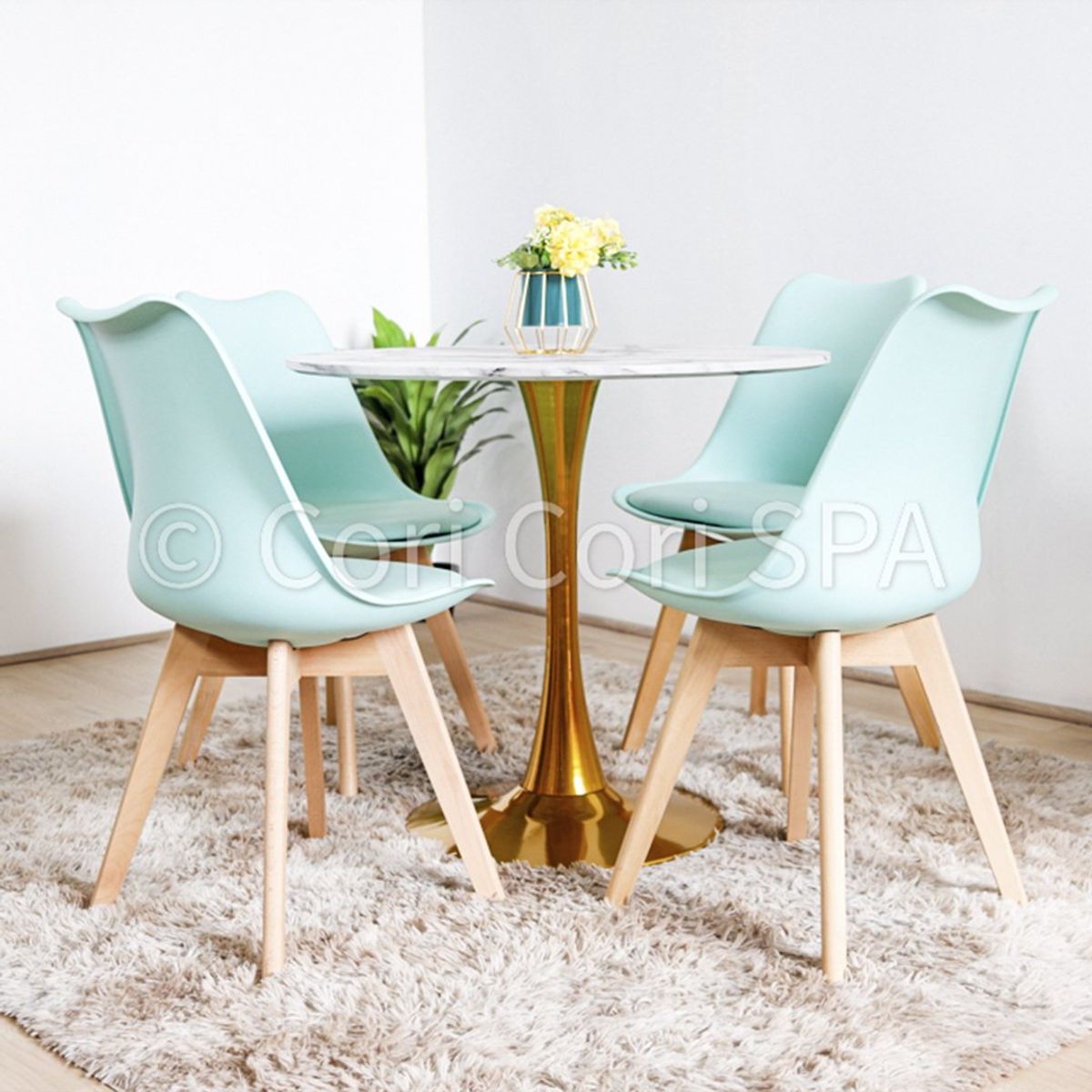 CORI CORI - Comedor Mesa Tulip Gold 80 cms + 4 Sillas Tulip menta