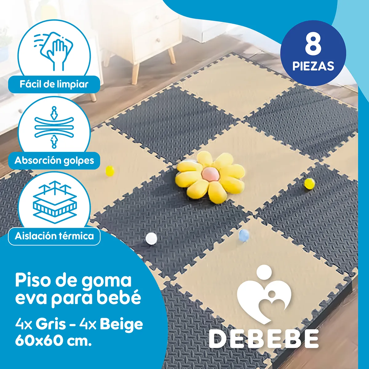 BABYNEST - Piso De Goma Eva Bebé Alfombra Debebe 60x60cm Set x8 - GyB
