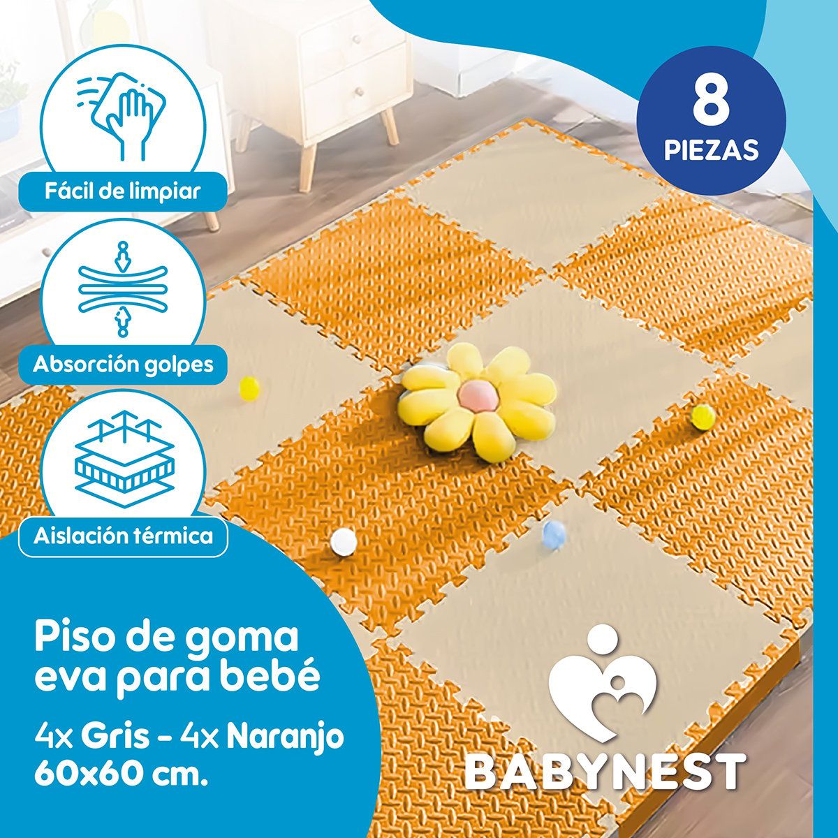 BABYNEST - Piso De Goma Eva Bebé Alfombra Babynest 60x60cm Set x8 NyB