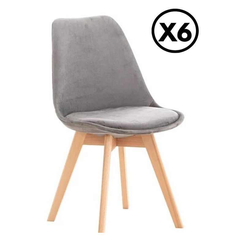 GENERICO - Pack 6 Sillas Tulip Velvet Terciopelo Acolchadas Gris