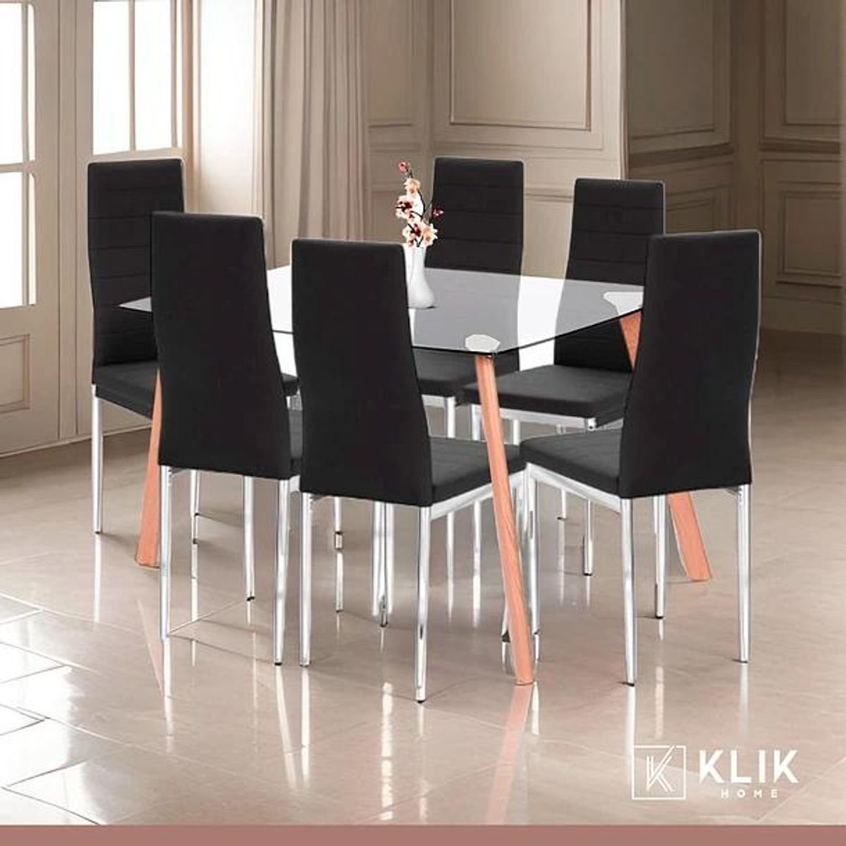 KLIK - Mesa de Vidrio Rectangular 140x90cm + 6 Sillas Dining Liana - Negras KLIK