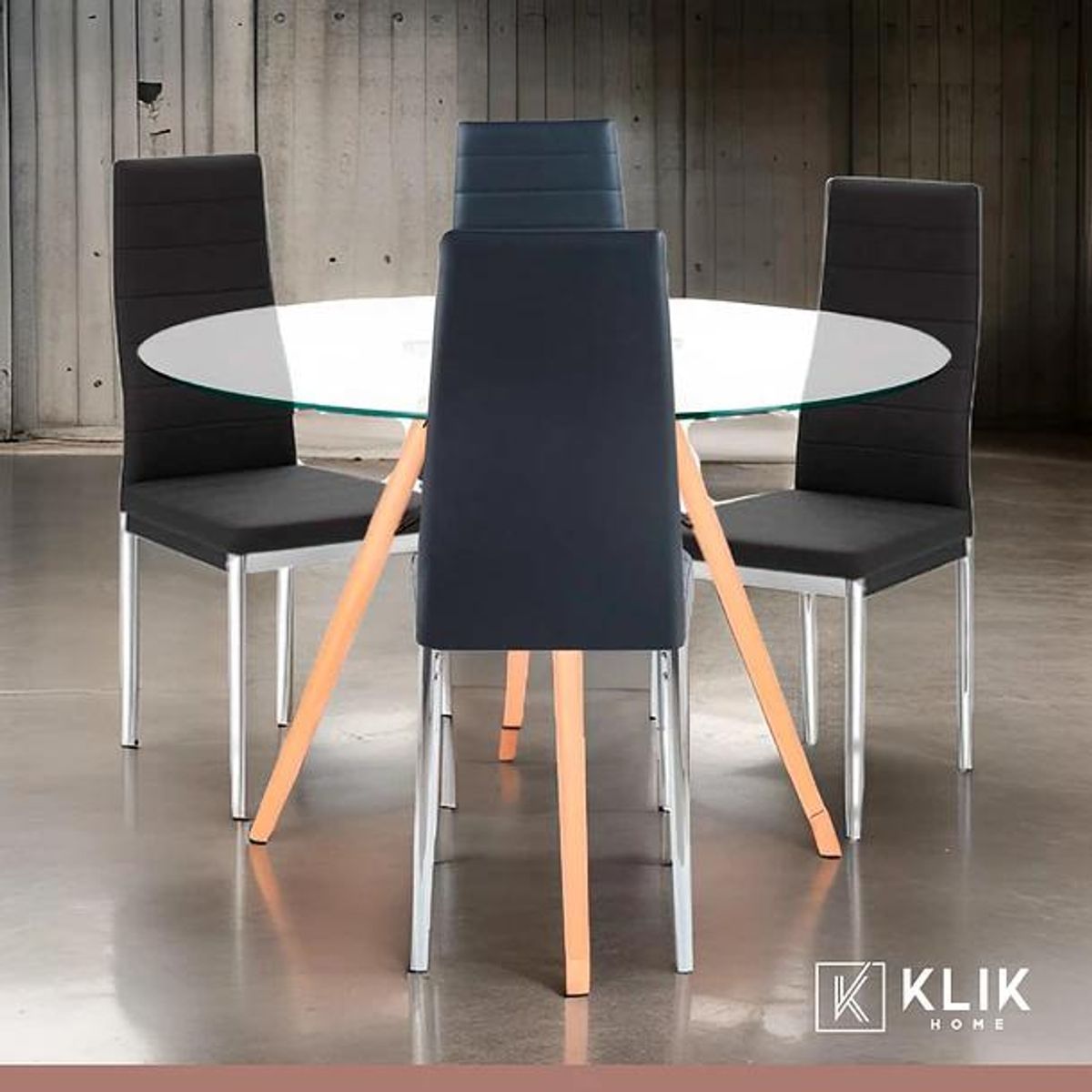 KLIK - Mesa Eames 100cm redonda vidrio + 4 Sillas Dining Liana - Negras KLIK