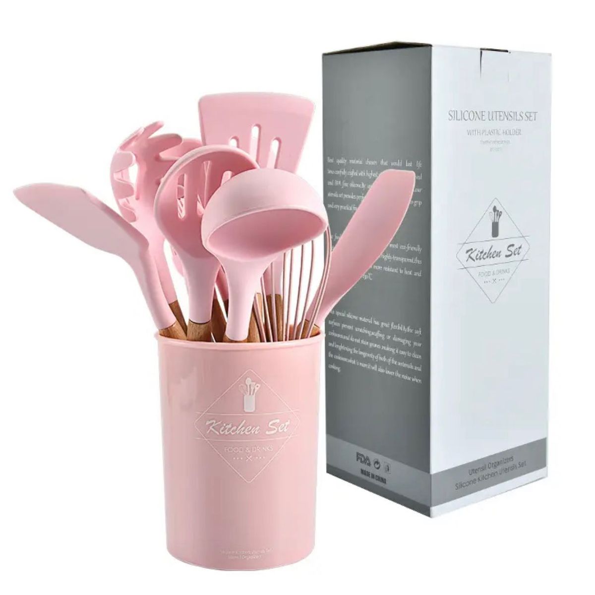GENERICO - SET 12 UTENSILIOS DE COCINA SILICONA ROSADO