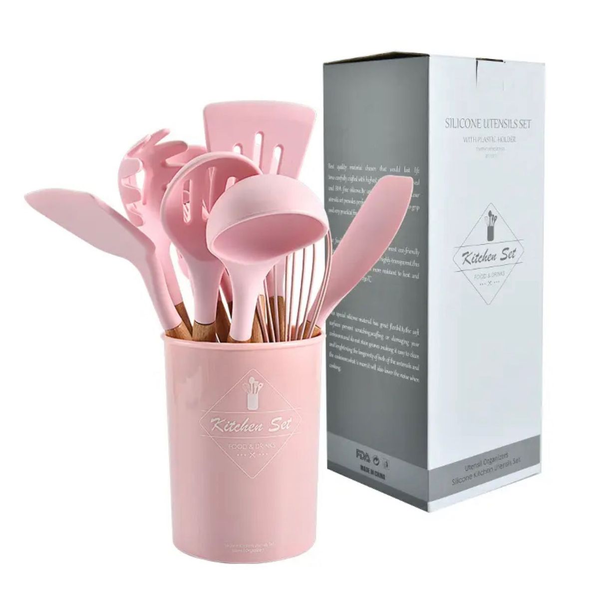 GENERICO - SET 12 UTENSILIOS DE COCINA SILICONA ROSADO
