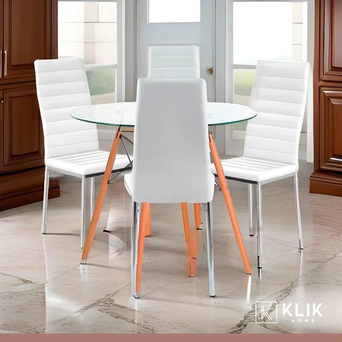 KLIK - Mesa Eames 80cm redonda vidrio + 4 Sillas Dining Liana - Blancas KLIK