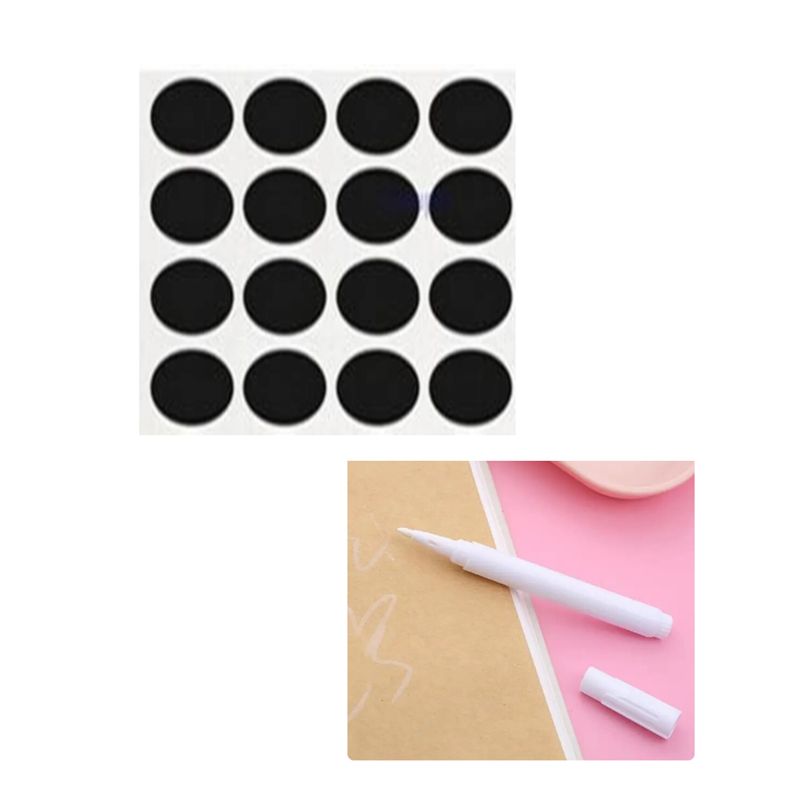 GENERICO - 160 Etiquetas Pizarra Adhesivas 3,7 * 3,7 Cms + Lápiz Tiza