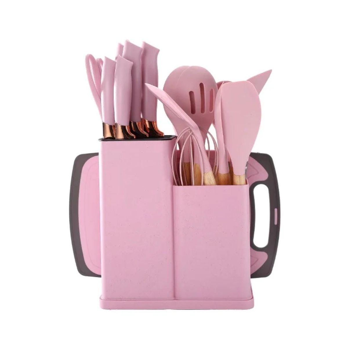 GENERICO - Set De Utensilios De Cocina Rosados Silicona 19 Piezas + tabla