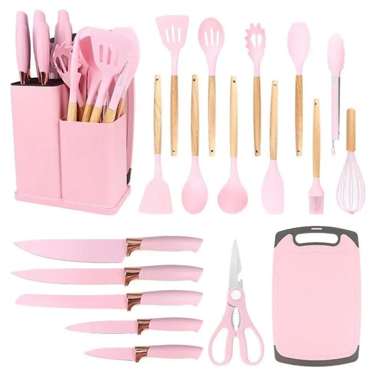 GENERICO - Set De Utensilios De Cocina Rosados Silicona 19 Piezas + tabla