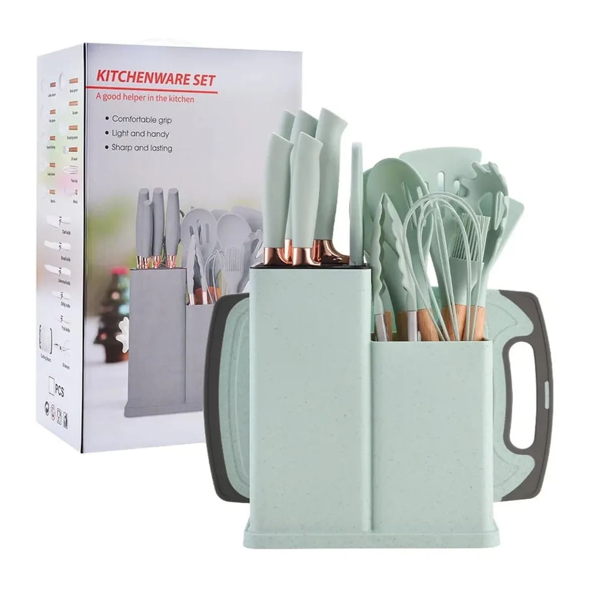 GENERICO - Set De Utensilios De Cocina Verdes 19 Piezas + tabla