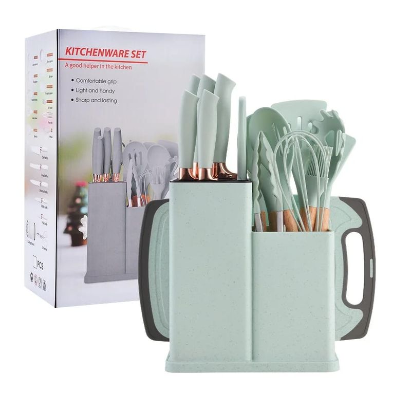 GENERICO - Set De Utensilios De Cocina Verdes 19 Piezas + tabla