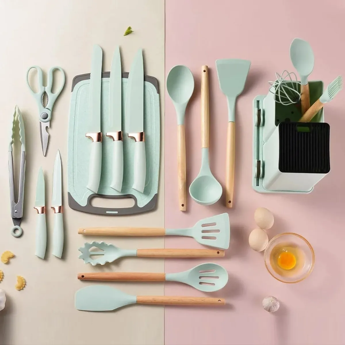 GENERICO - Set De Utensilios De Cocina Verdes 19 Piezas + tabla