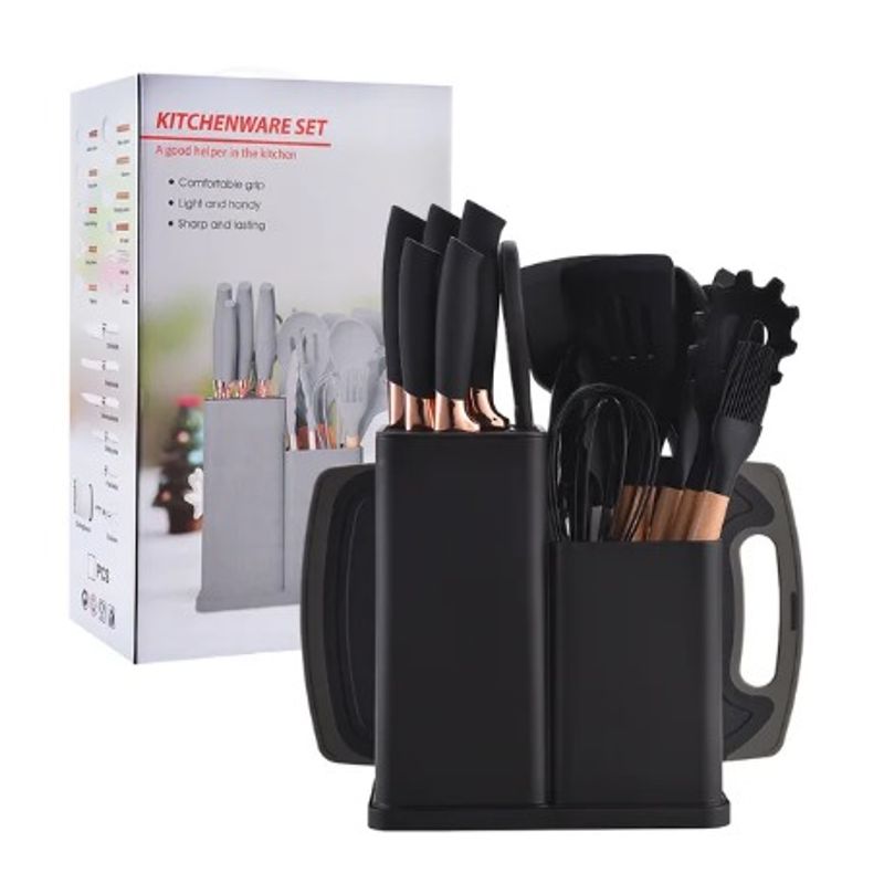 GENERICO - Set De Utensilios De Cocina Negros Silicona 19 Piezas + tabla
