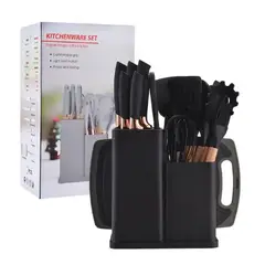 GENERICO - Set De Utensilios De Cocina Negros Silicona 19 Piezas + tabla