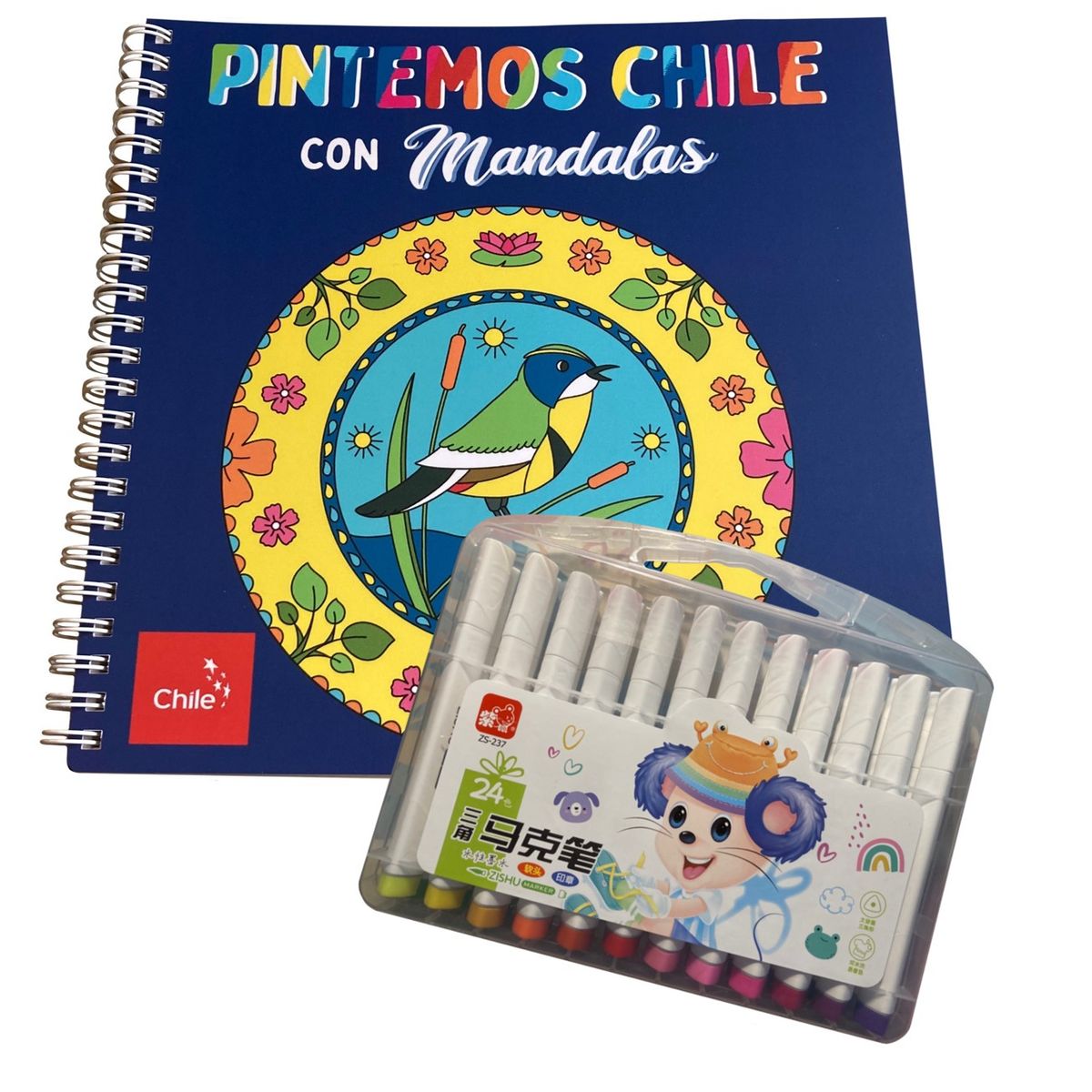 FLORENCIA Y SUS AVENTURAS - Libro para colorear - Pintemos Chile con mandalas + Set marcadores 24 colores