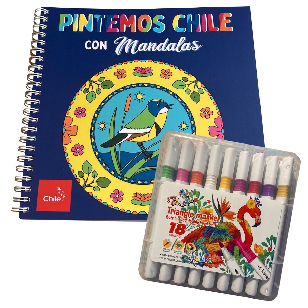 FLORENCIA Y SUS AVENTURAS - Libro para colorear - Pintemos Chile con mandalas + Set marcadores 18 colores
