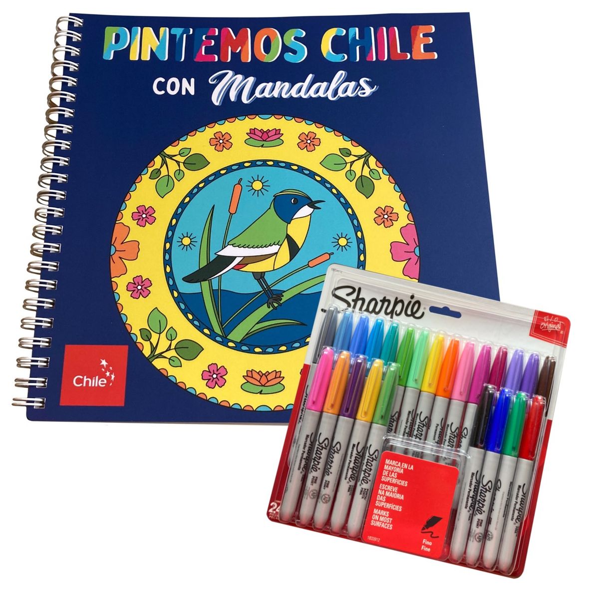 FLORENCIA Y SUS AVENTURAS - Libro para colorear - Pintemos Chile con mandalas + Set 24 Sharpie