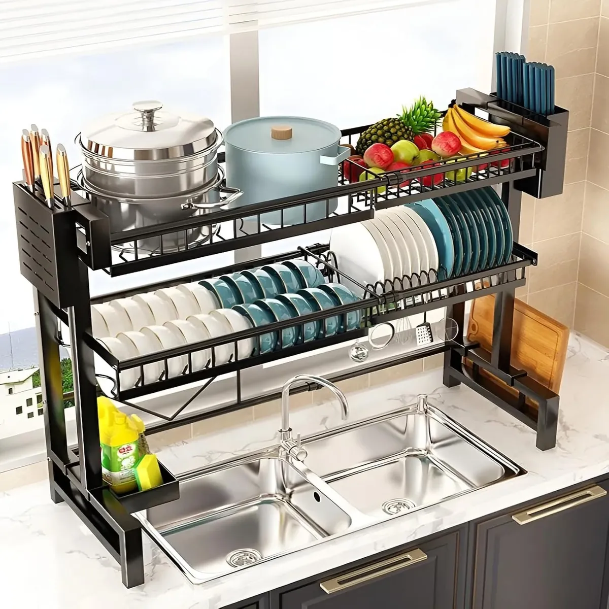 YOMYM - Secador Organizador Escurridor De Plato Loza Inoxidable Retráctil 65-100cm Ajustable