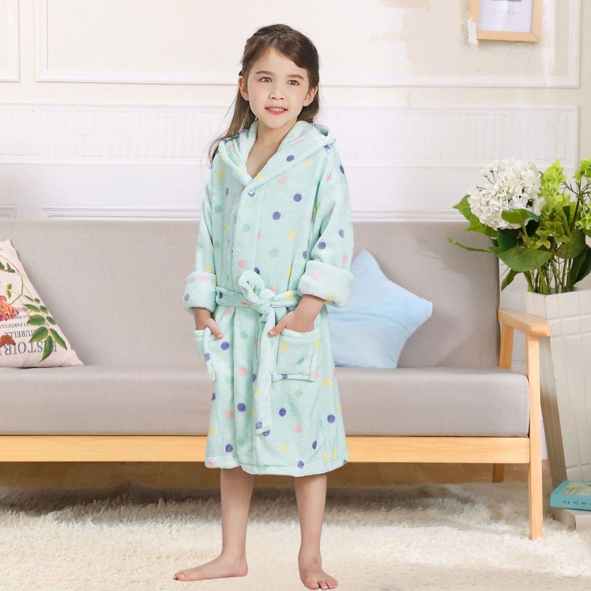 JUMP KIDS - Bata de Baño Capucha y Bolsillos Niño Polar Lunares