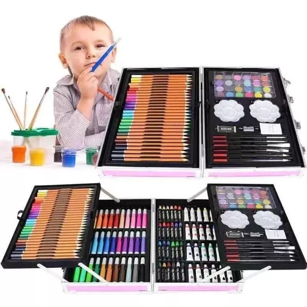 MUNDO MAGIA - Kit Dibujo Niño 145 Piezas En Maleta Aluminio Doble Piso.