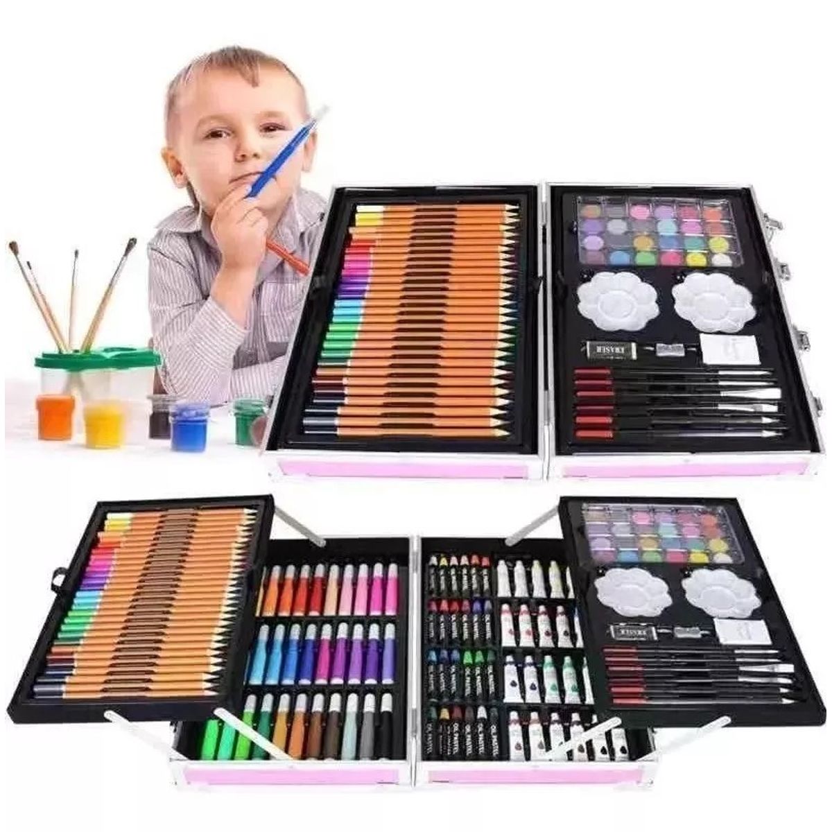 MUNDO MAGIA - Kit Dibujo Niño 145 Piezas En Maleta Aluminio Doble Piso.