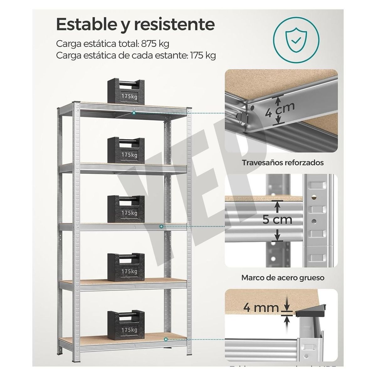 YEP S - Estante Metálico Armable 180x90x40 Armado Facil Sin Pernos Gris
