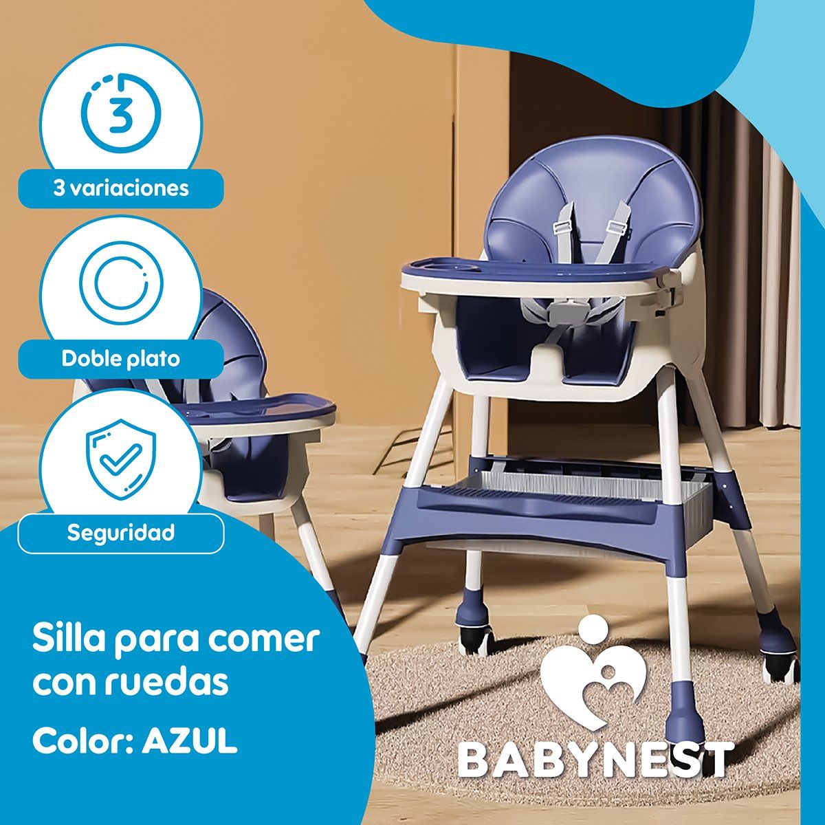 BABYNEST - Silla Comer Bebe BabyNest Ruedas 2 en 1