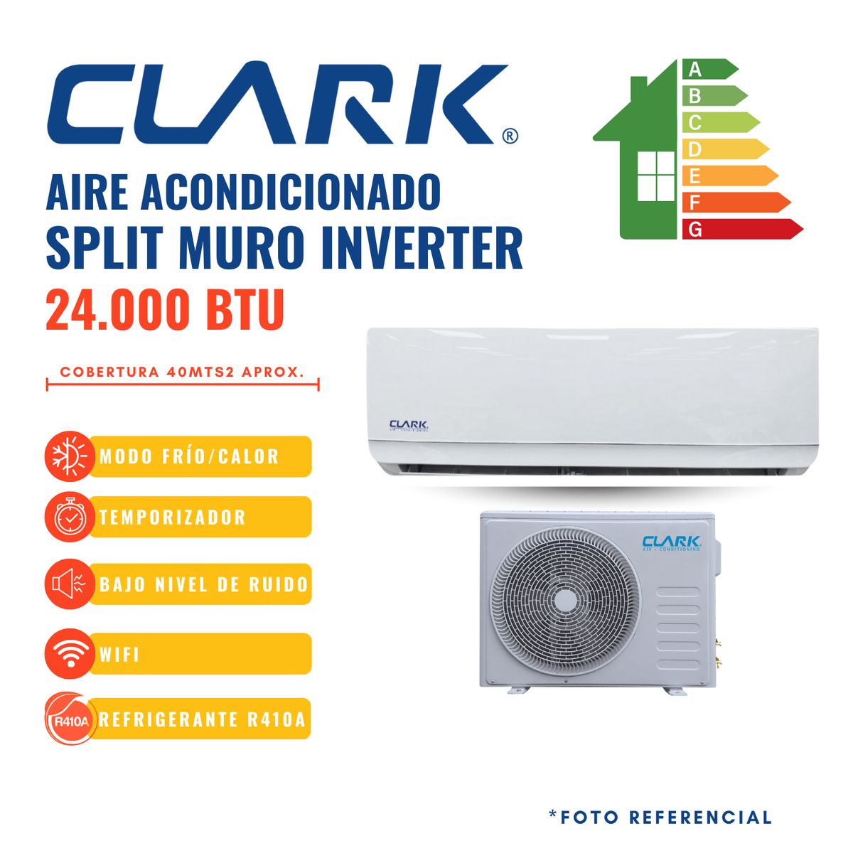 CLARK - AIRE ACONDICIONADO SPLIT MURO INVERTER 24000BTUhr CLARK