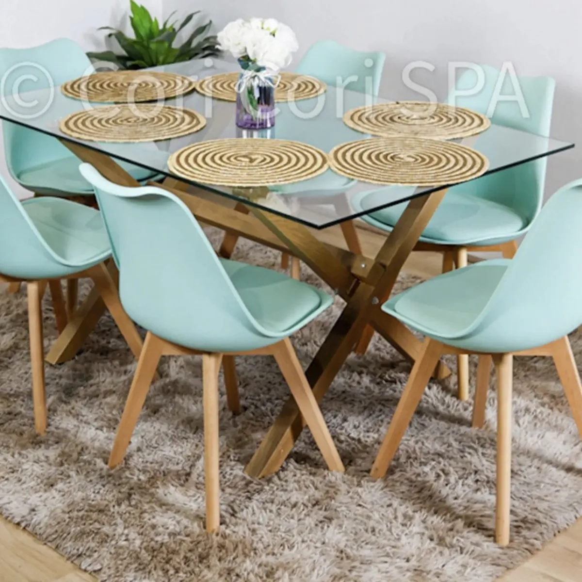 CORI CORI - Comedor Medlock Vidrio 140x90 + 6 Sillas Tulip