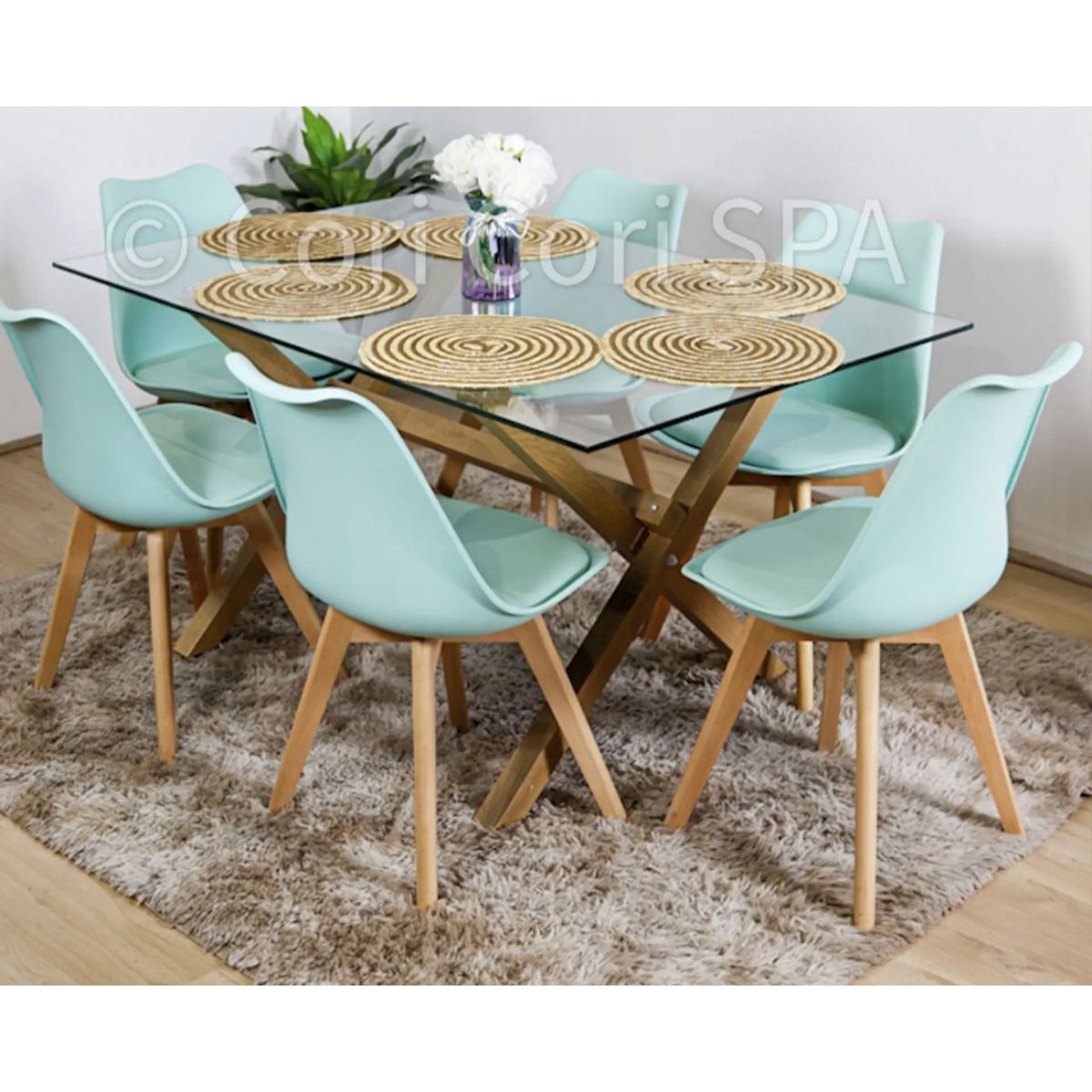 CORI CORI - Comedor Medlock Vidrio 140x90 + 6 Sillas Tulip