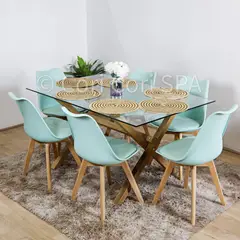 CORI CORI - Comedor Medlock Vidrio 140x90 + 6 Sillas tulip acolchadas menta