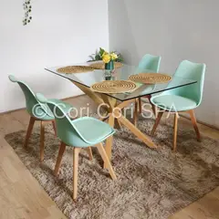 CORI CORI - Comedor Madrid Vidrio 140x80cm + 4 Sillas Tulip Menta