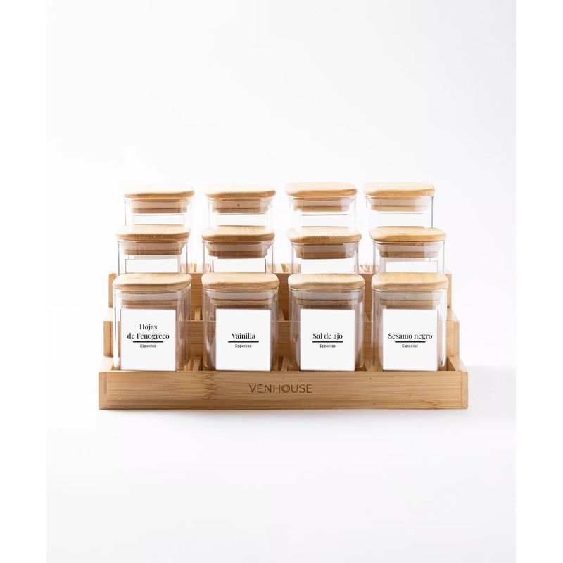 GENERICO - Especiero Cocina 12 Frascos Vidrio Bambú + Etiquetas Blancas