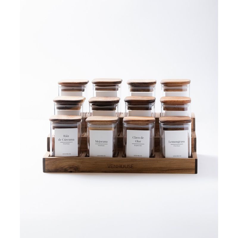 GENERICO - Especiero Cocina 12 Frascos Vidrio Bambú + Etiquetas Blancas