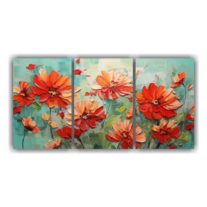 GENERICO - Tríptico Vanguardista De Flores Verdes Y Rojas En Tela 240x120cm