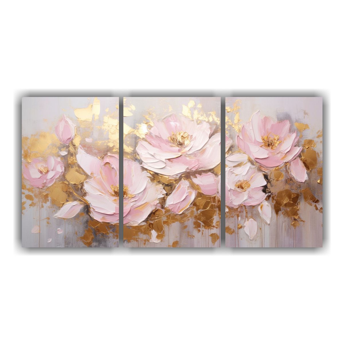 GENERICO - Pintura Original En Lienzo De Flores En Colores Oro Y Rosa E 60x30cm