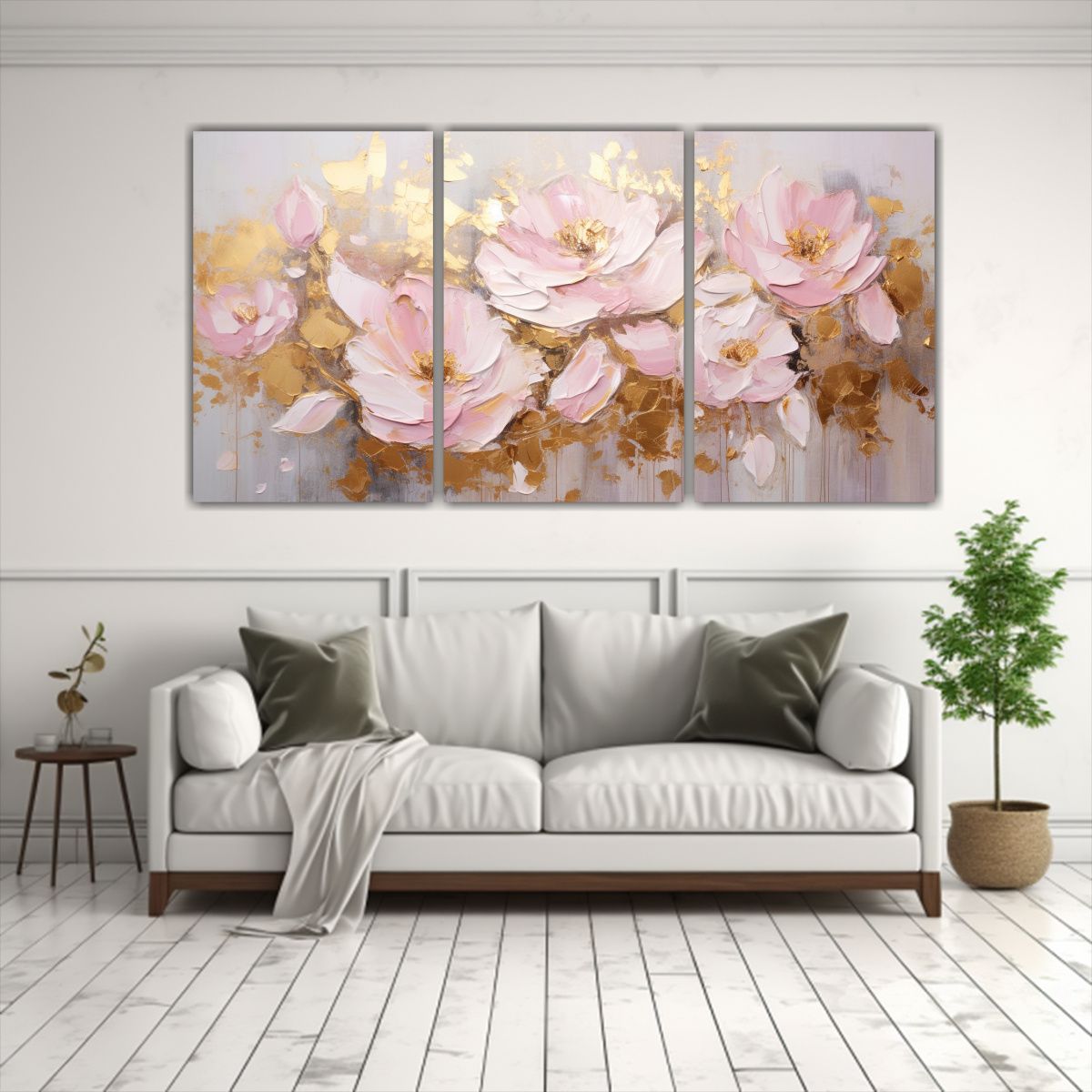 GENERICO - Pintura Original En Lienzo De Flores En Colores Oro Y Rosa E 60x30cm