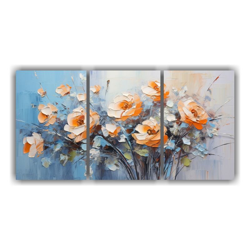 GENERICO - Pintura Floral En Lienzo Naranja Y Azul Con Tres Cuadros 240x120cm