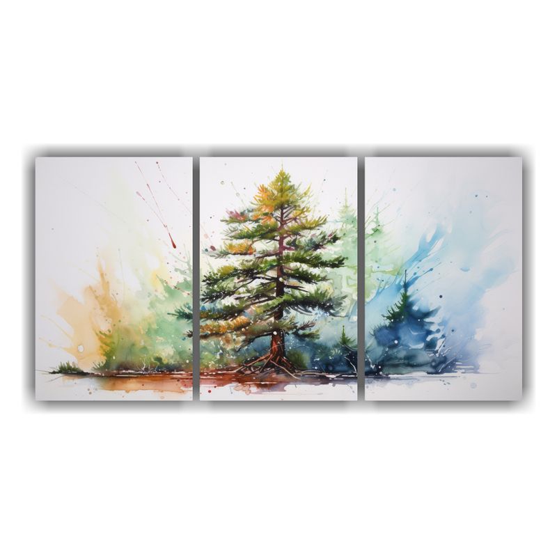 GENERICO - Tres Cuadros Decoración Composición De Pinos En Acuarelas 240x120cm