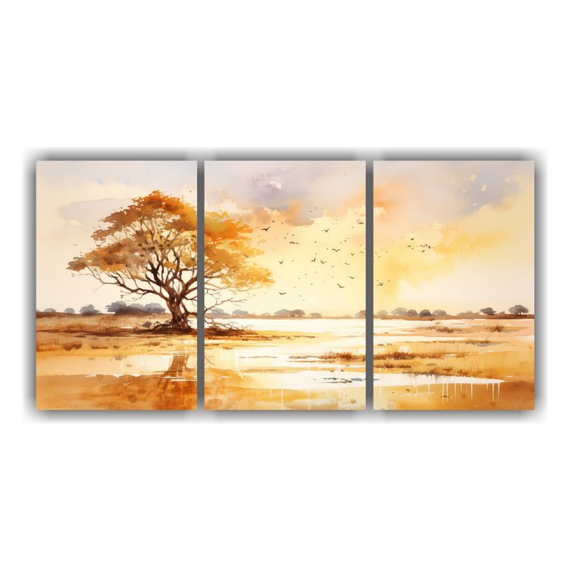 GENERICO - Tres Lienzos Imagen De Savanna Y Desierto, Colores Dorados,  240x120cm