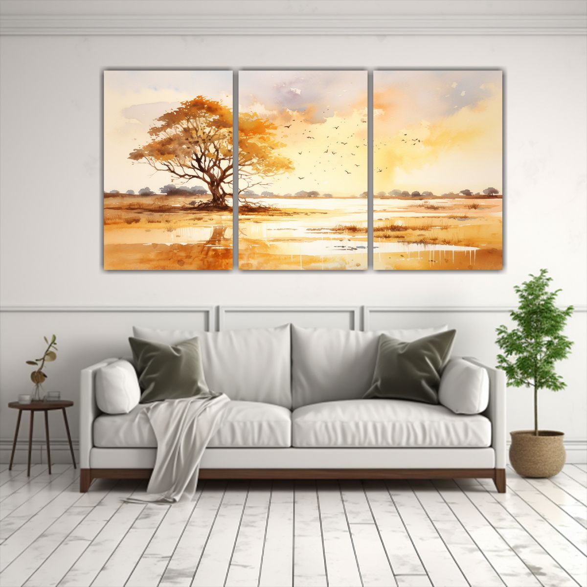 GENERICO - Tres Lienzos Imagen De Savanna Y Desierto, Colores Dorados,  240x120cm