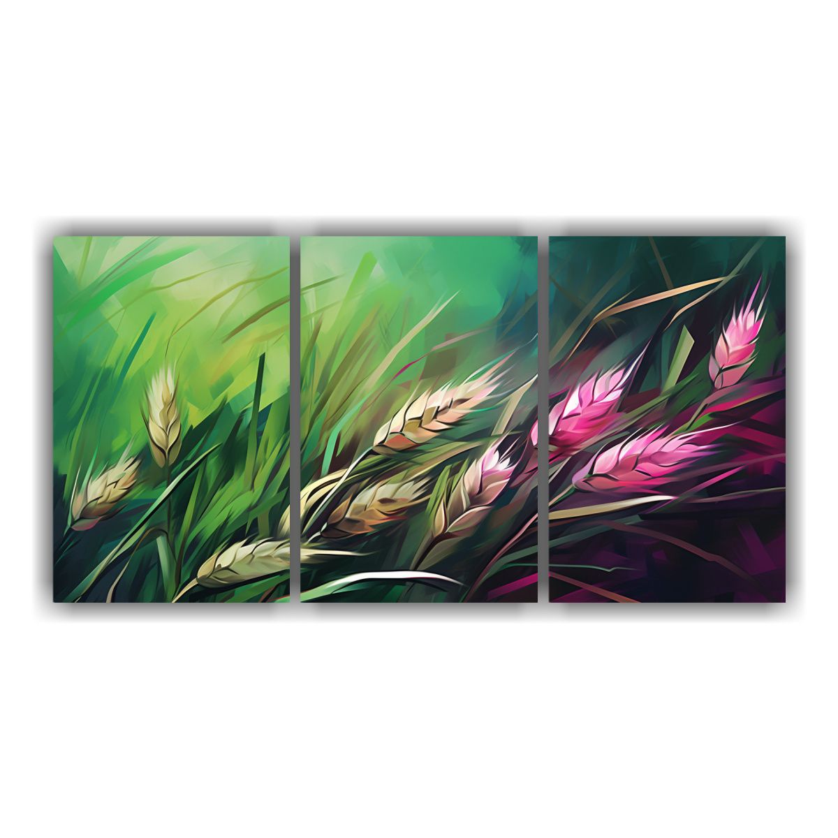 GENERICO - Tres Cuadros Modernos De Trigo En Verde Y Rosa, Atmosfera Ne 240x120cm