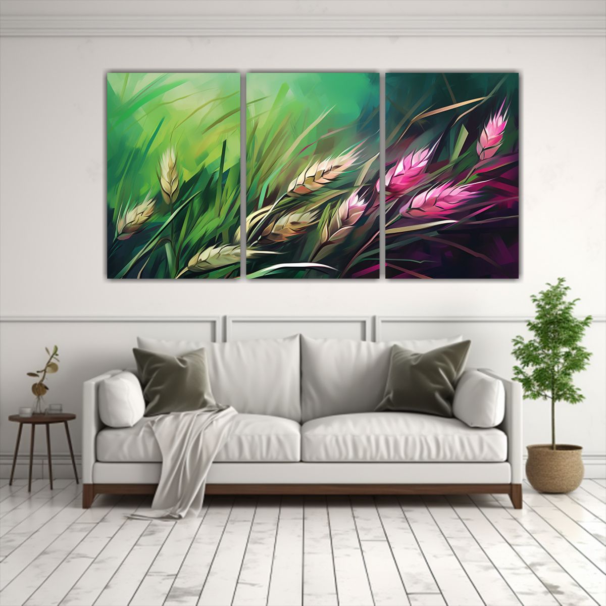 GENERICO - Tres Cuadros Modernos De Trigo En Verde Y Rosa, Atmosfera Ne 240x120cm