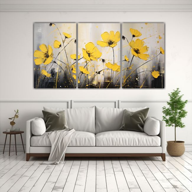 GENERICO - Cuadro De Flores Amarillas Y Negras En Lienzo Decorativo 240x120cm