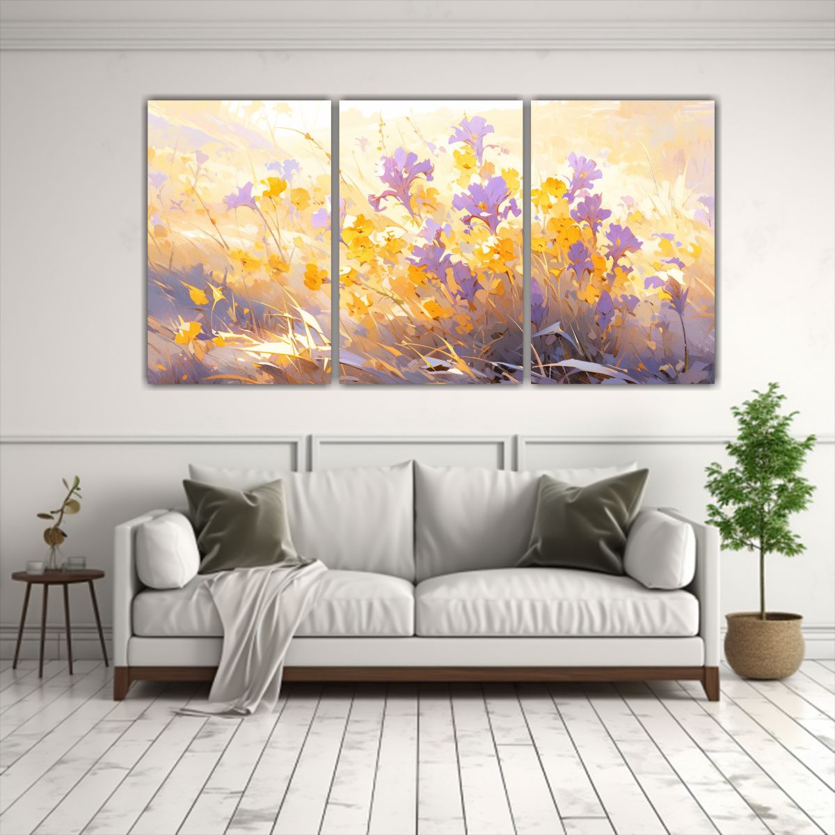 GENERICO - Pintura Abstracta De Flores Amarillas Y Moradas En Lienzo 240x120cm