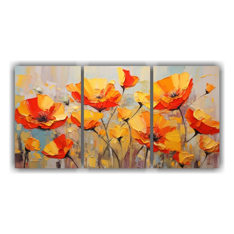 GENERICO - Set 3 Cuadros Intenso Baño Flores Amarillo Y Rojo Sobre Lie 240x120cm