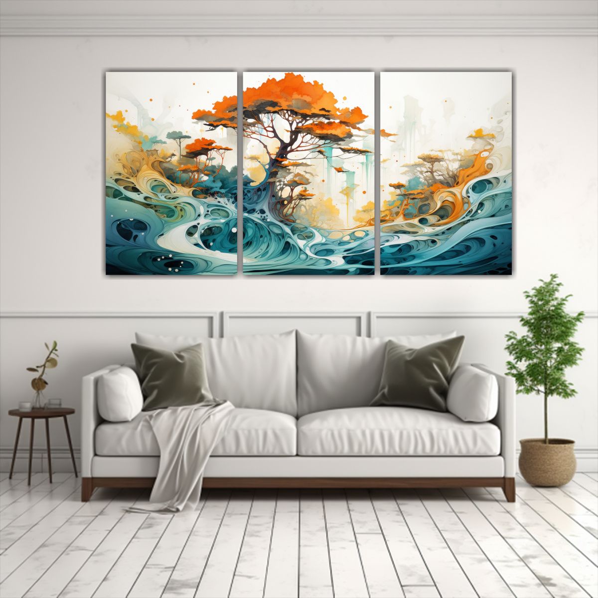 GENERICO - Paisaje Clásico Con Ciprés En Turquesa Y Naranja Pintura A 240x120cm