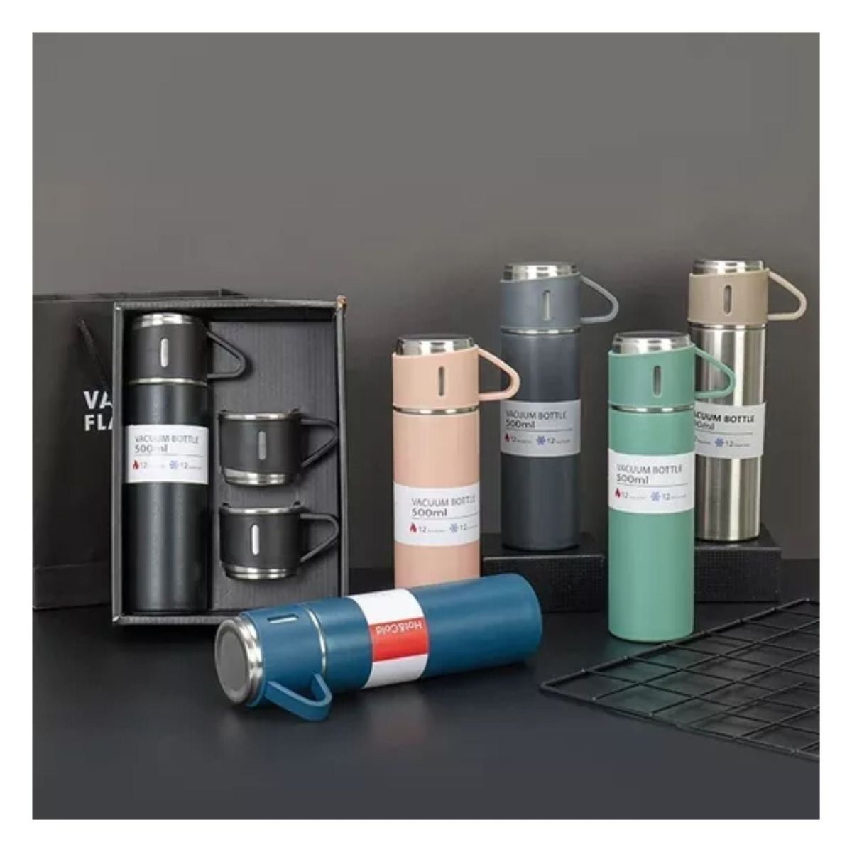 NEW LINE - Set Termo Vaso Térmico Acero Inox 500ml + 3 Tazas XL Negro