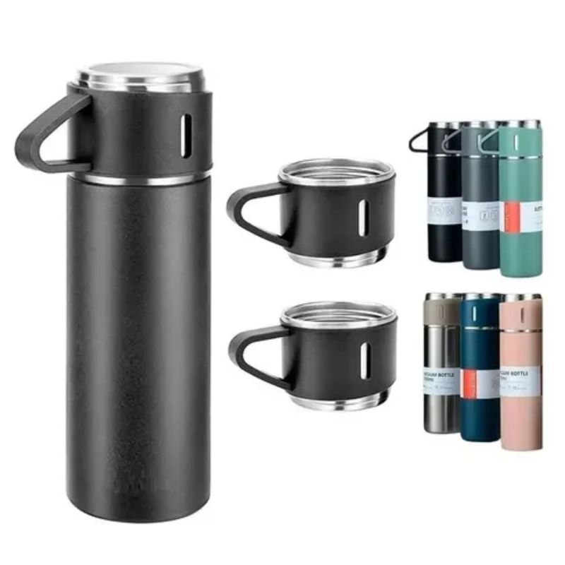 NEW LINE - Set Termo Vaso Térmico Acero Inox 500ml + 3 Tazas XL Gris