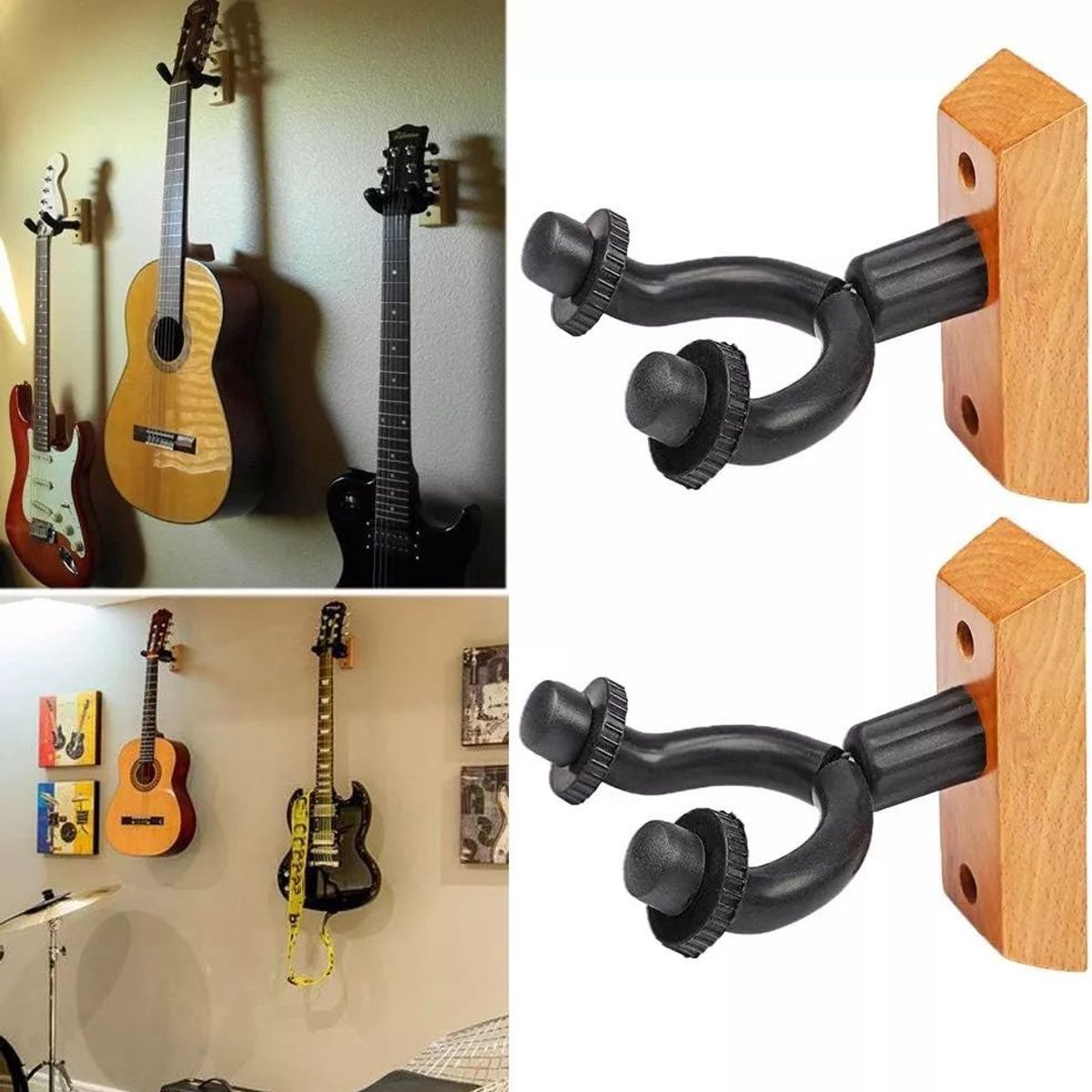 KUANGYE - Colgador Pared Guitarra Bajo Y Ukelele Madera Metal Pack 2 U