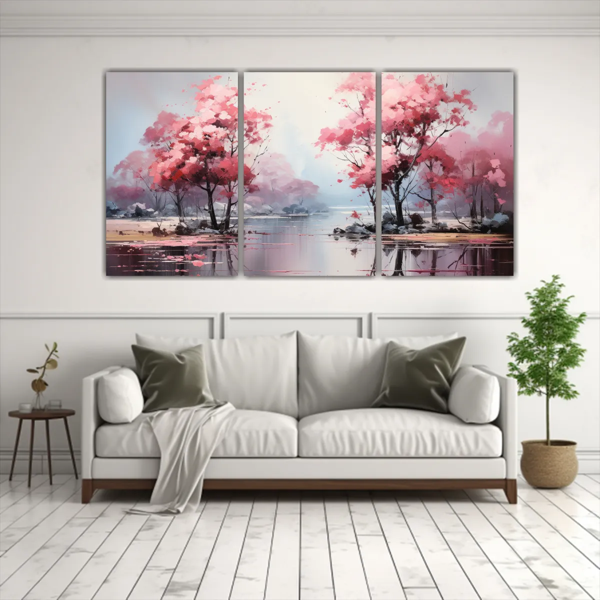 GENERICO - Pintura Abstracta Floral De árboles En Plata Y Blanco, Set  240x120cm